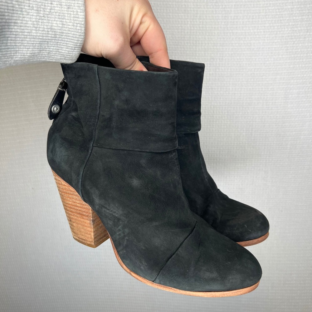 Rag & Bone Black Suede Foldover Heel Ankle Boots Womens Size 39.5